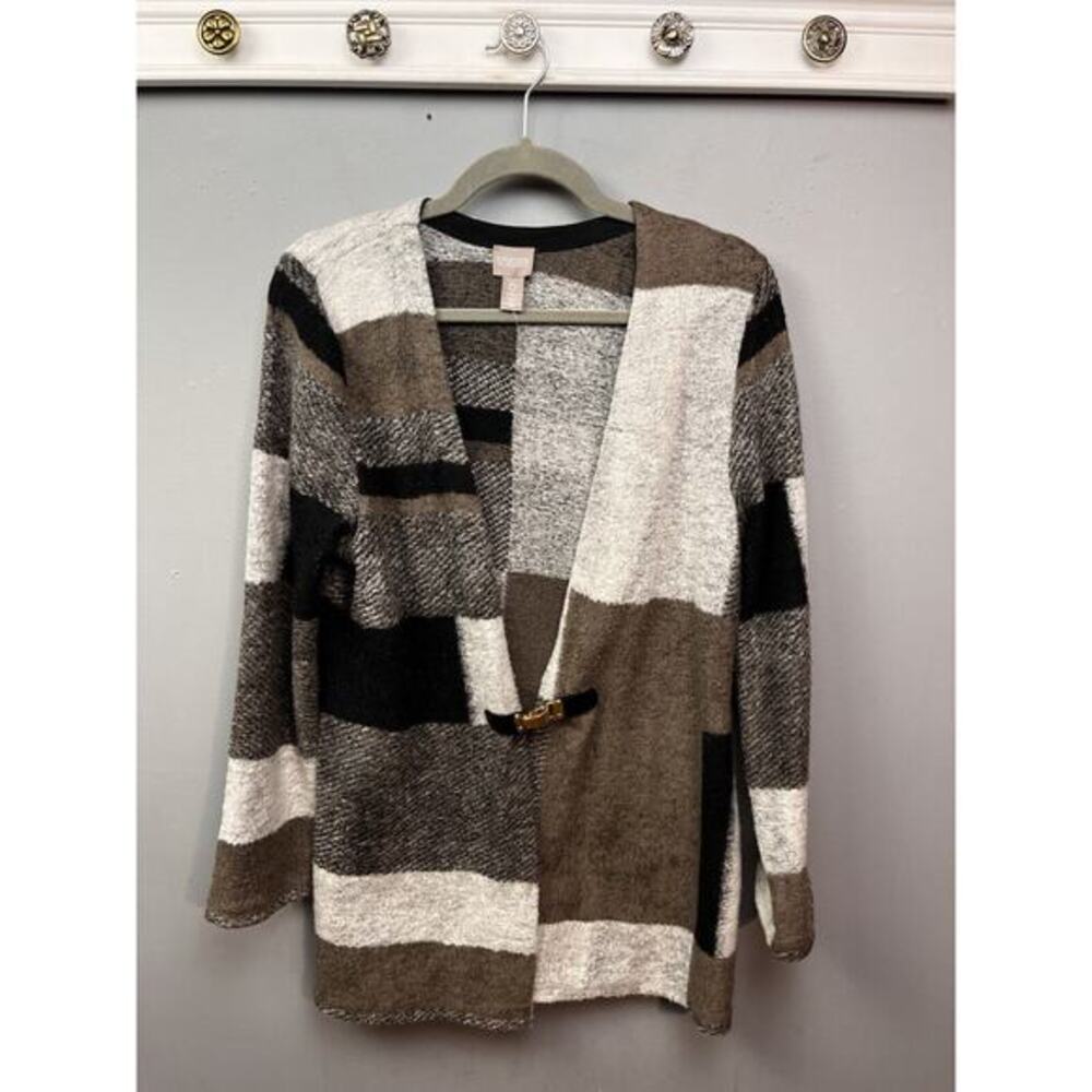 Chicos‎ Patchwork Cardigan Womens Small 0 Brown Tan soft Clasp Office Fall